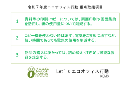 令和7年度エコオフィス行動重点取組項目。1．資料等のコピーについては両面を活用し紙の使用量を削減。2．電気をこまめに消すなど、短い時間であっても削減する。3．物品は詰め替え可能な製品等を想定し購入する