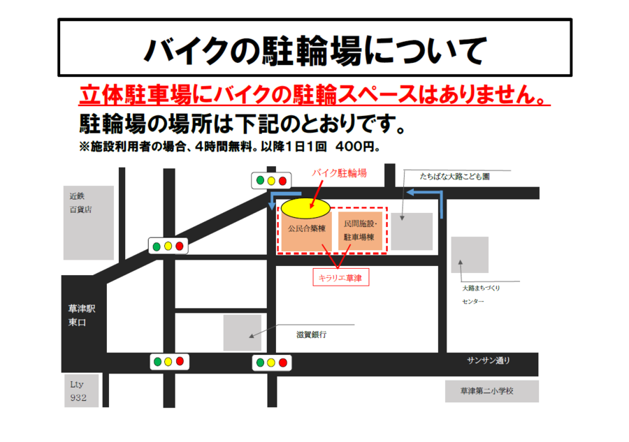 バイクの駐輪場の案内図。立体駐車場にバイクの駐輪スペースはなく、キラリエ草津の2つの建物のうち、公民北東側、公民合築棟の県道142側に印がついています。施設利用者は4時間無料、以降1日1回400円。