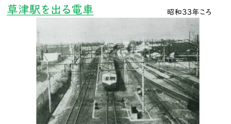 昭和時代の草津駅を出る電車の様子