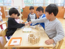 積み木を並べて、ドミノ倒しに挑戦しています