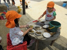 砂や木の実でごちそうをつくっています