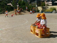 築山からボールを転がしたり乗り物に見立てたりして遊んでいます。