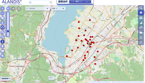 草津市内の健幸ステーションの所在地が分かる地図（くさつマップの操作画面）
