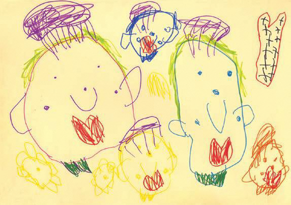 笑顔で帽子を被り、ハートマークのついたキャラクターが並んでいる作品