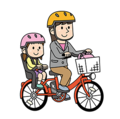 自転車の幼児用座席に幼児を乗せて走行しているイラスト