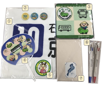 参加賞が並べられた画像。番号と内容は次の表のとおり。