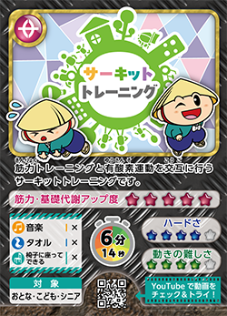 サーキットトレーニング。ロゴと「たび丸」が筋トレと有酸素運動をしているイラストのカード