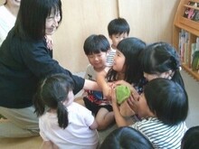 いぬまるくんをぎゅーっと抱きしめています。