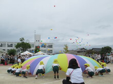 大きなシートを囲んで持ち上げる写真