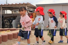芋のツルでの電車ごっこのようす