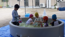 ペットボトルシャワーで水の気持ちよさを味わっています