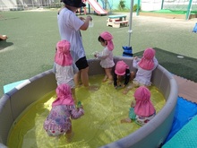 小型の簡易プールに入って遊ぶこどもたちの写真