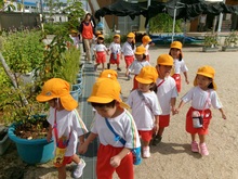 「行ってきます。」2人で手をつないで上手に歩いています。