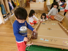 段ボールで作った坂道にドングリを転がしています。